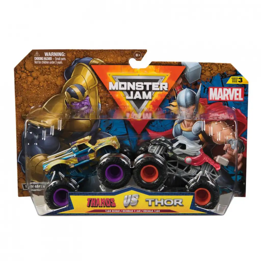 Detalles precisos y resistencia metálica de los camiones Thanos y Thor.