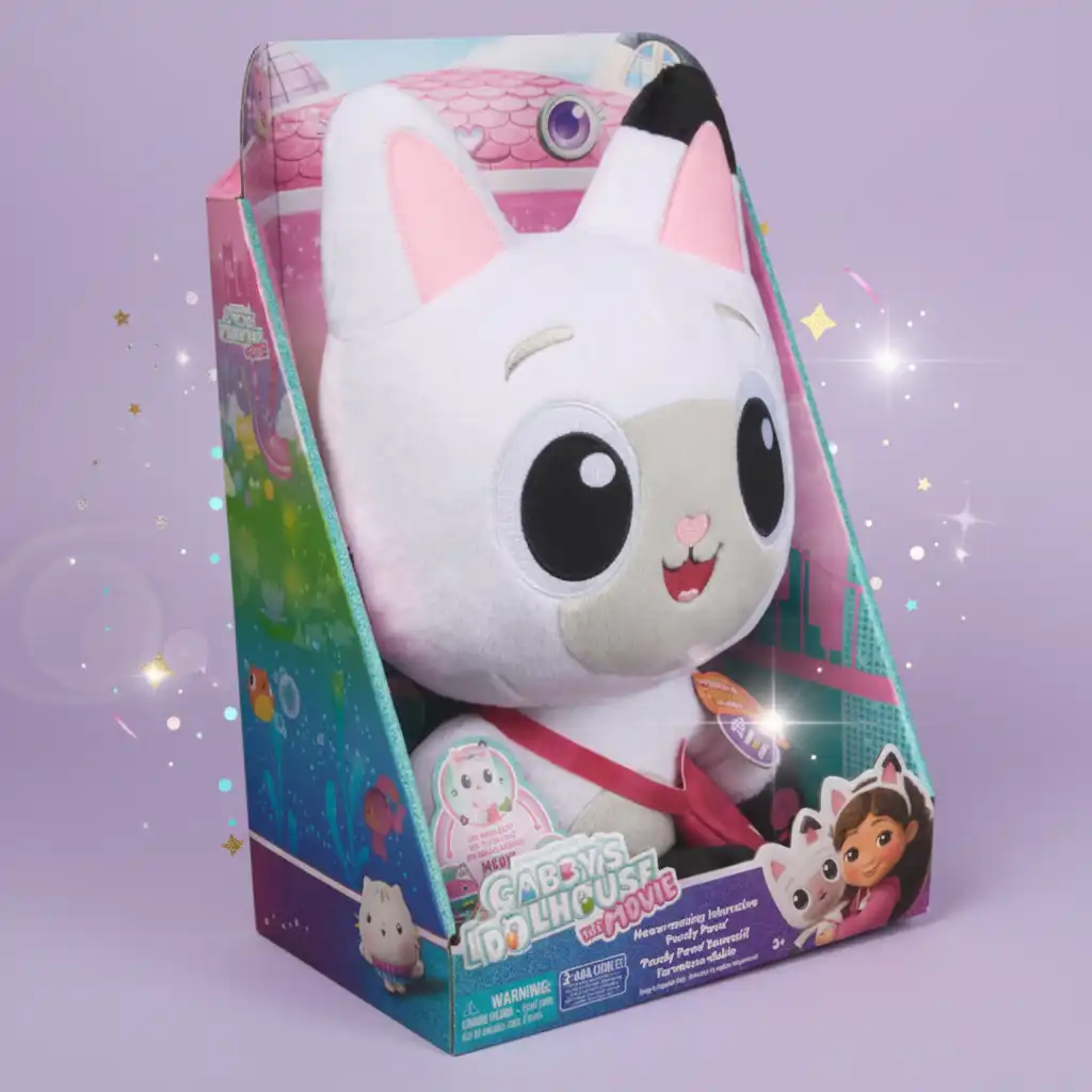 Detalle minucioso del peluche interactivo Pandy Patitas con accesorios.