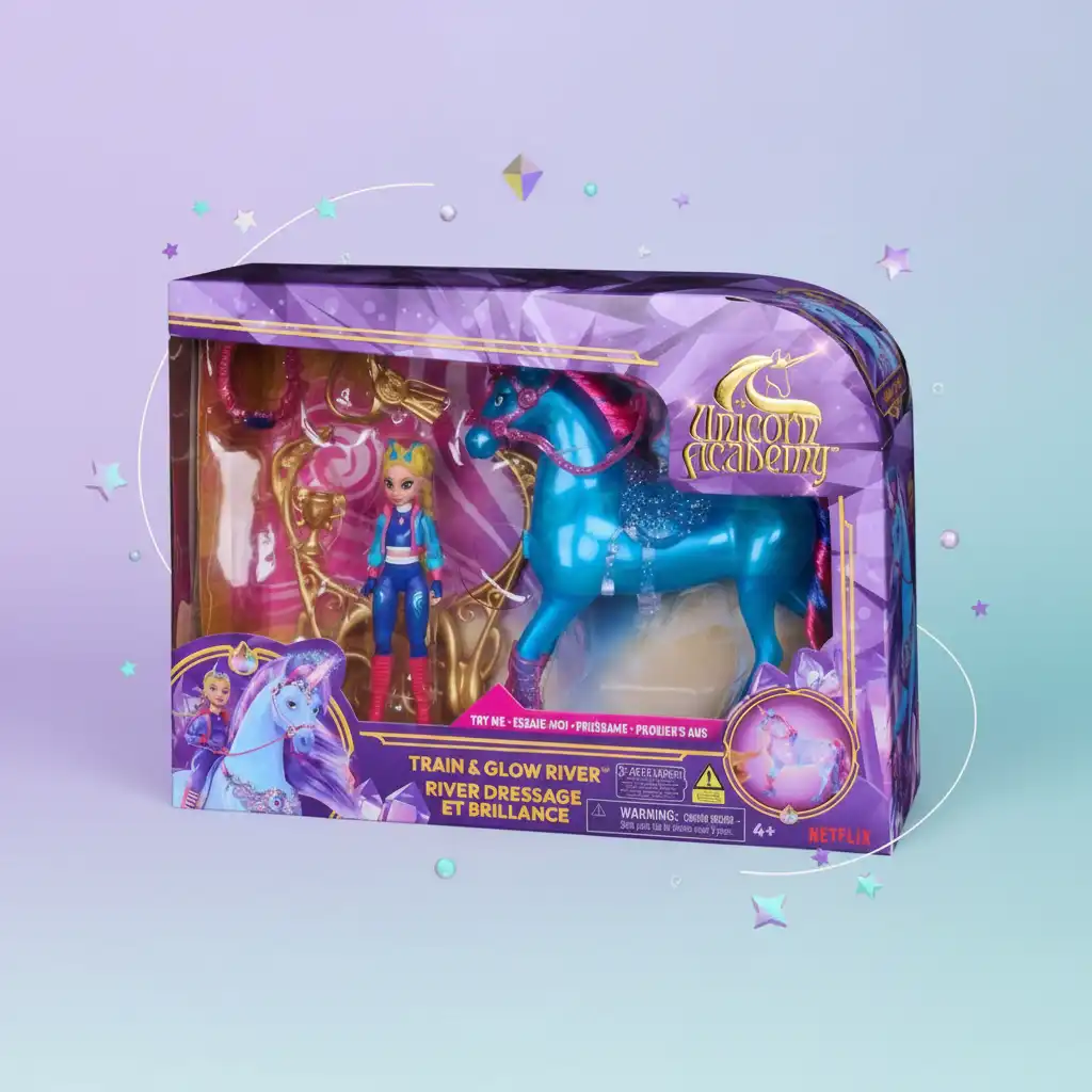 Efectos de luz mágicos activados por una gema en el pecho del unicornio.